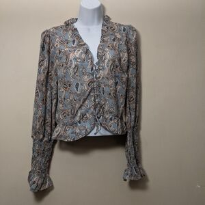 Milk & Honey Blue Paisley Long Sleeve Sheer Blouse L
